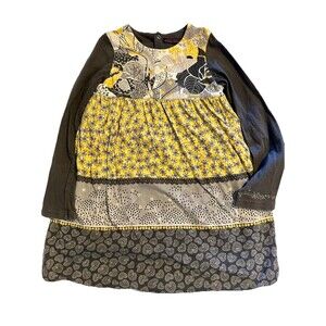 Catimini Girls Patchwork Floral Long Sleeve Dress Mustard Gray Size 6 Designer